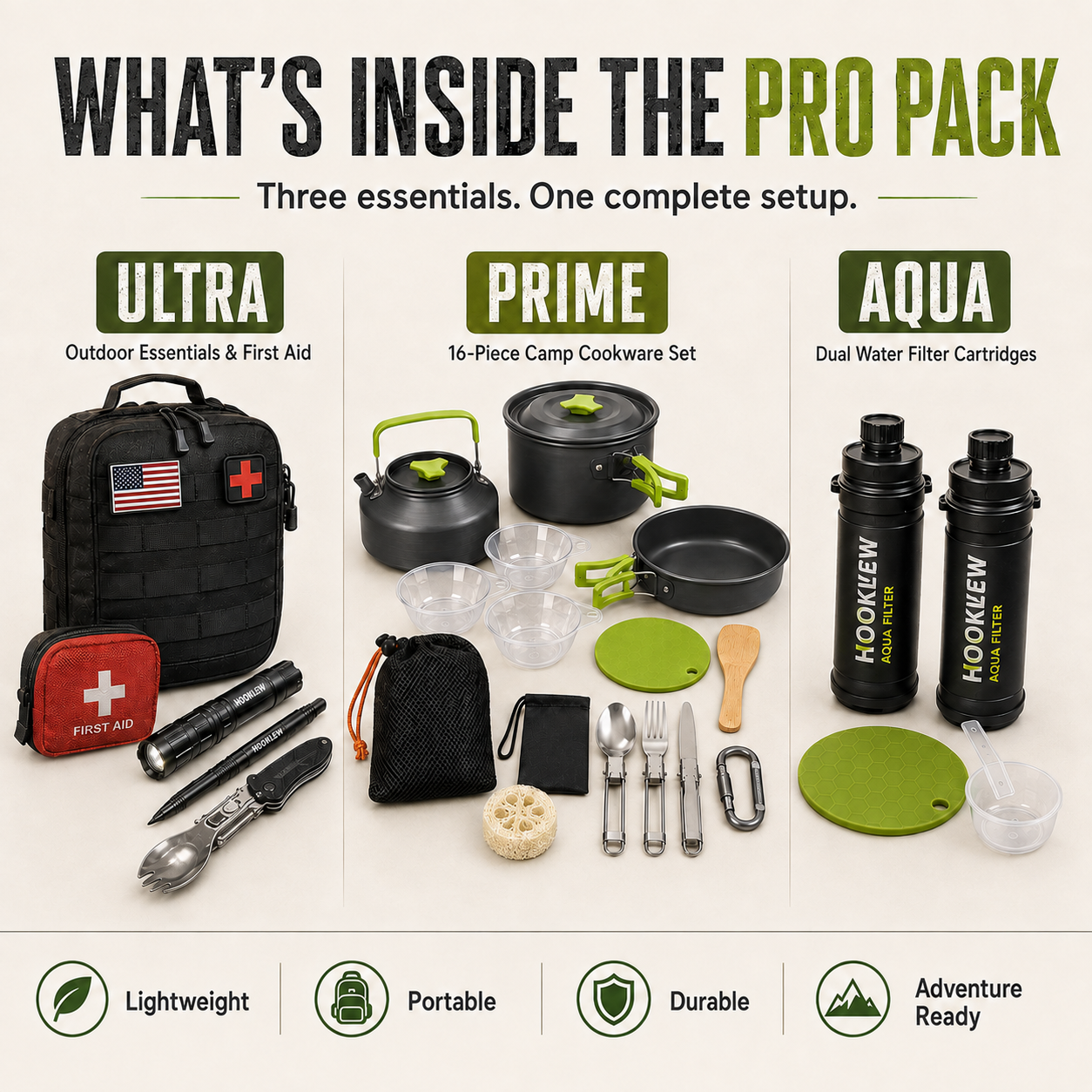 HOOKLEW Pro Pack – Survival, Camp Cooking & Water Filter Bundle