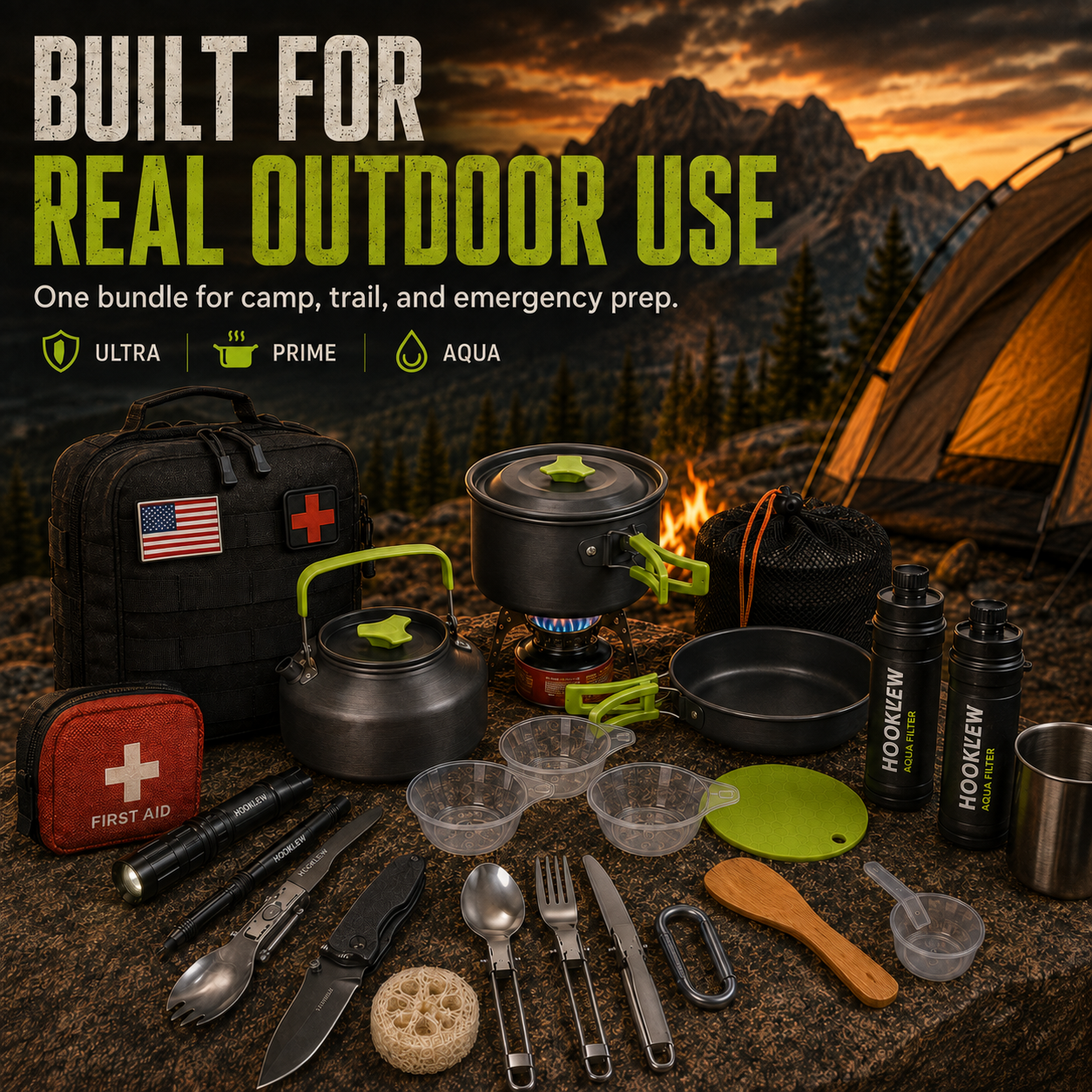 HOOKLEW Pro Pack – Survival, Camp Cooking & Water Filter Bundle